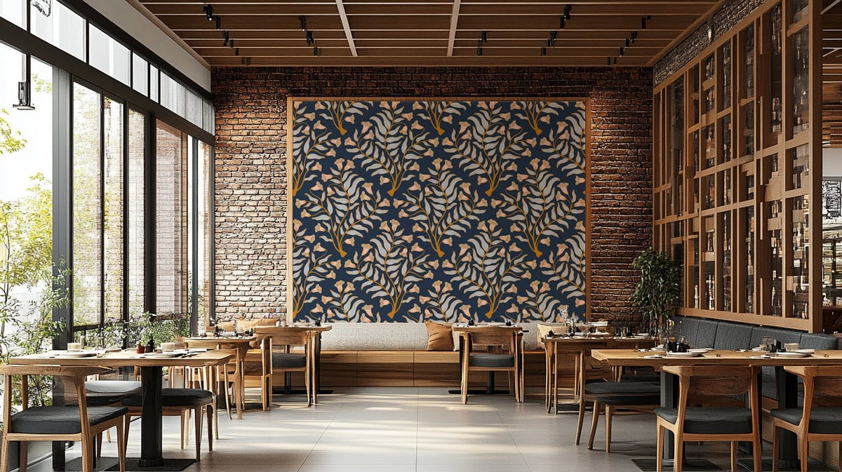 Damask wallpaper with trumpet flowers in dark indigo blue, GD2201