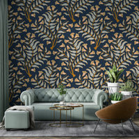 Ornate damask pattern wallpaper in rich indigo floral tones

