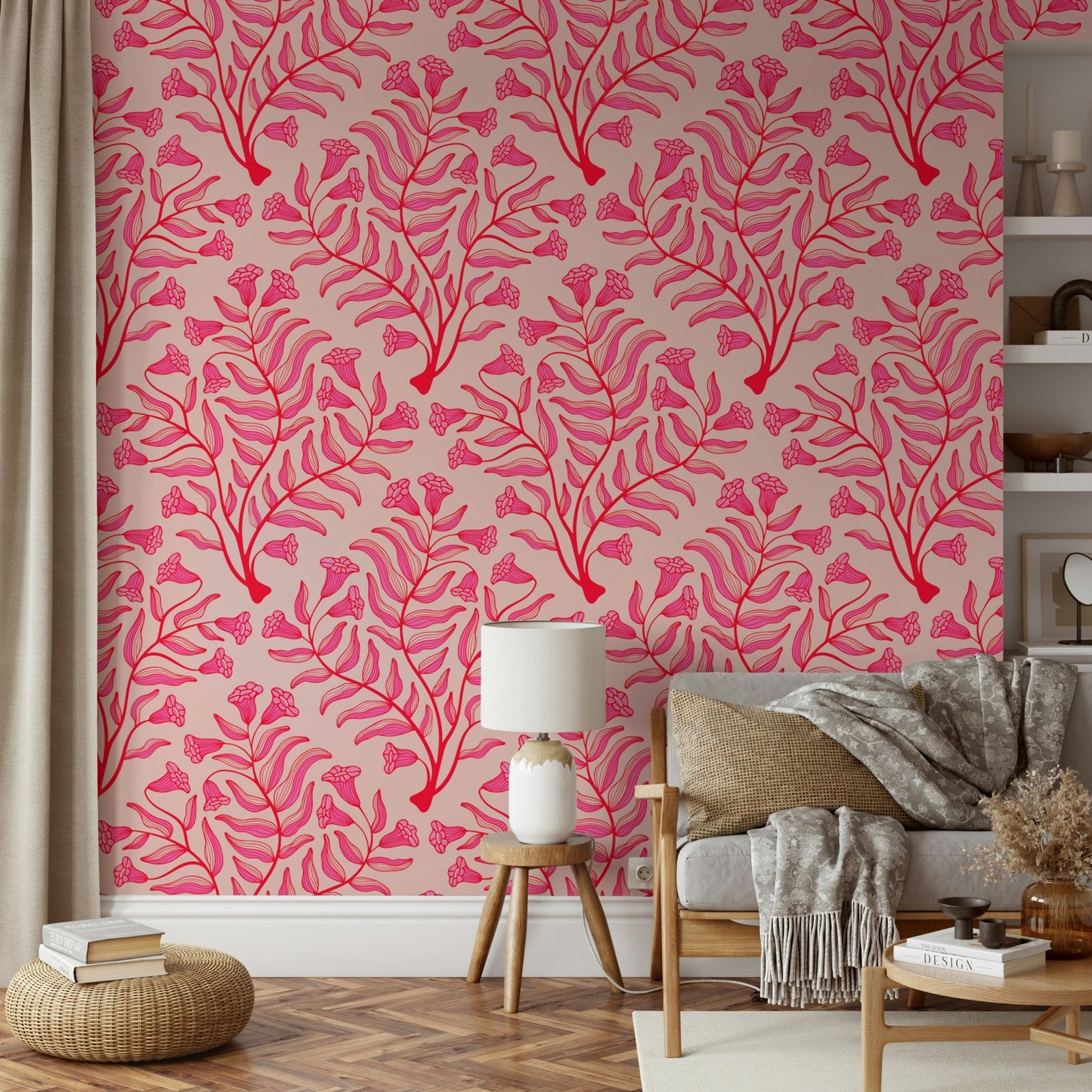 Elegant fuchsia red and light pink floral wallpaper, GD1866