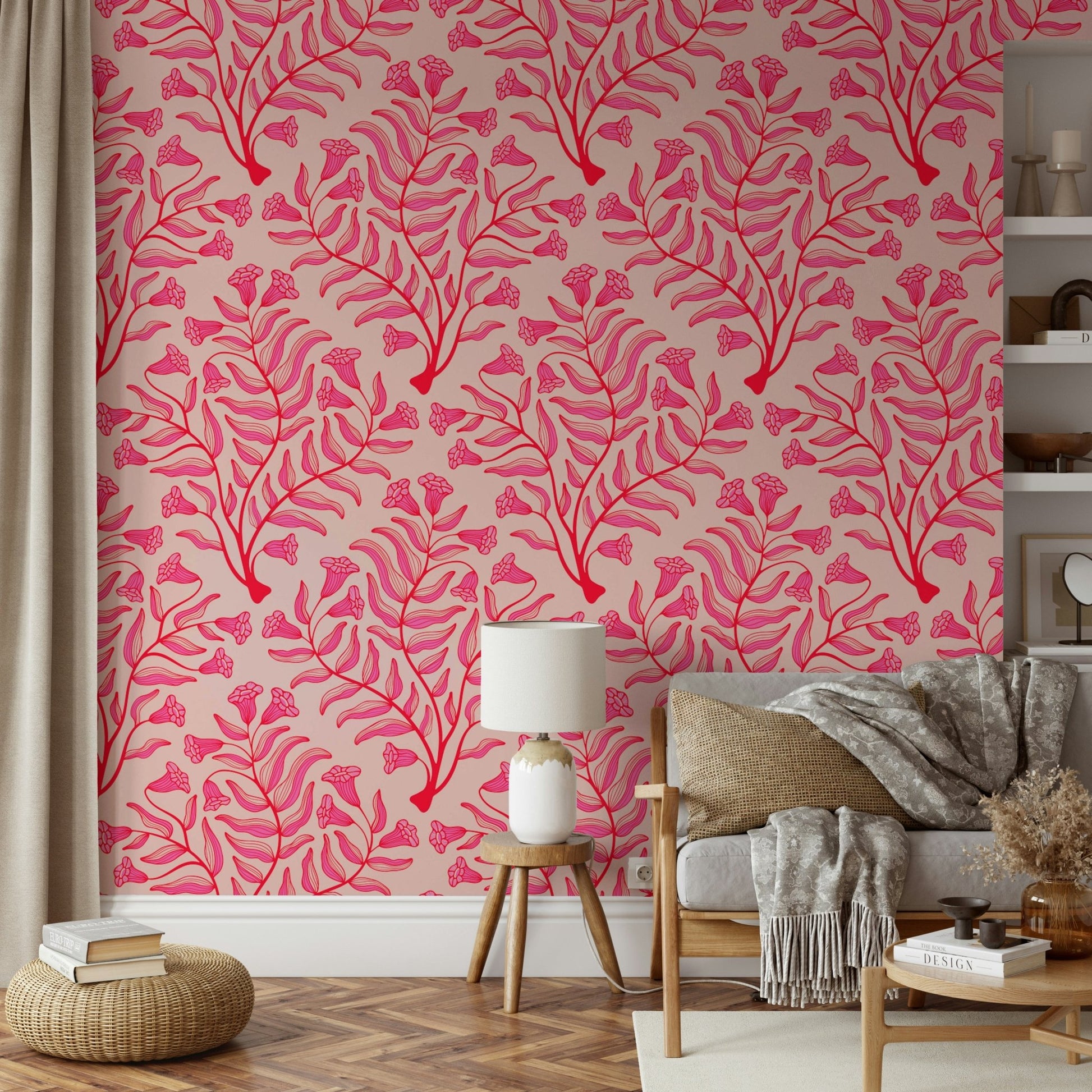 Elegant fuchsia red and light pink floral wallpaper, GD1866