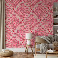Elegant fuchsia red and light pink floral wallpaper, GD1866
