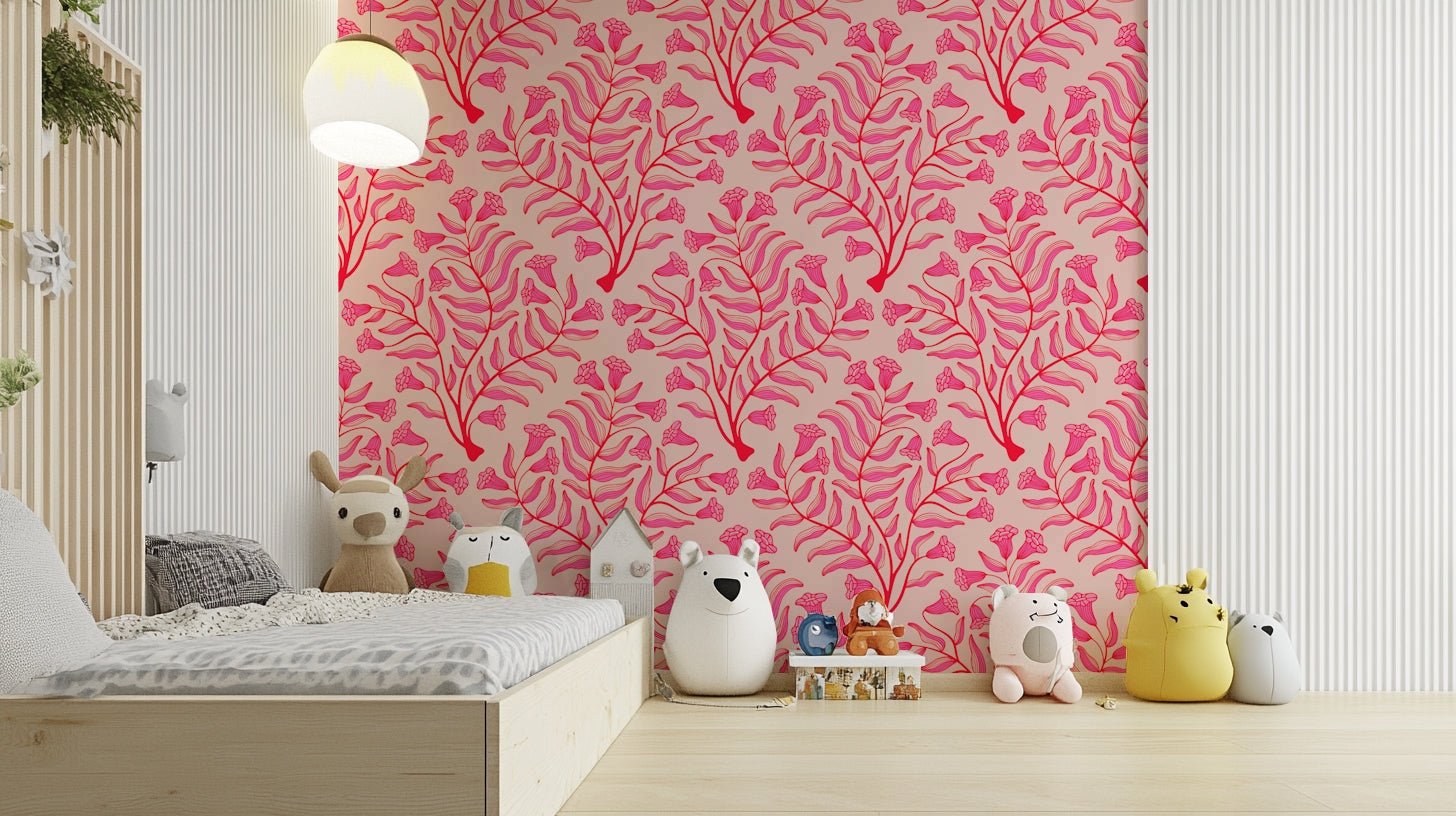 Fuchsia damask wallpaper with floral trumpet design, GD1866