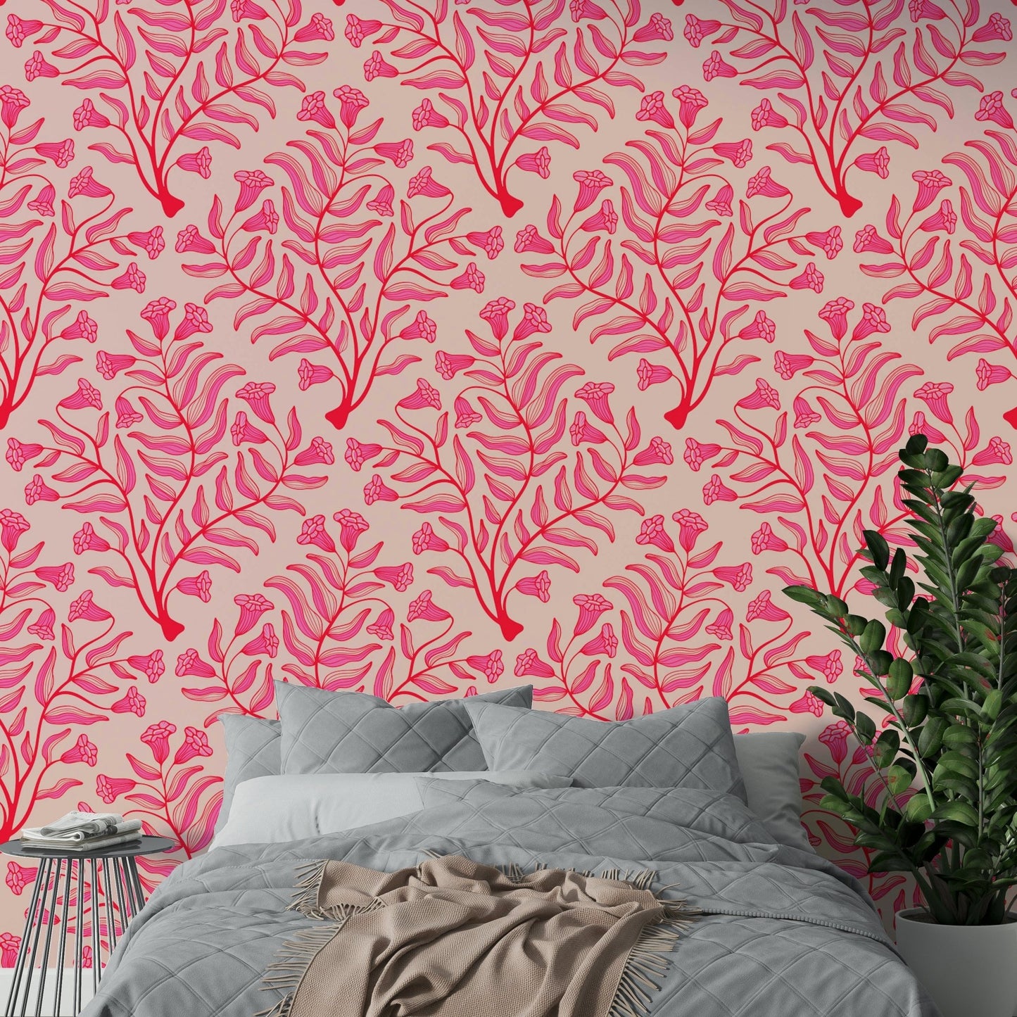 Trumpet flower damask vintage wallpaper in fuchsia, GD1866