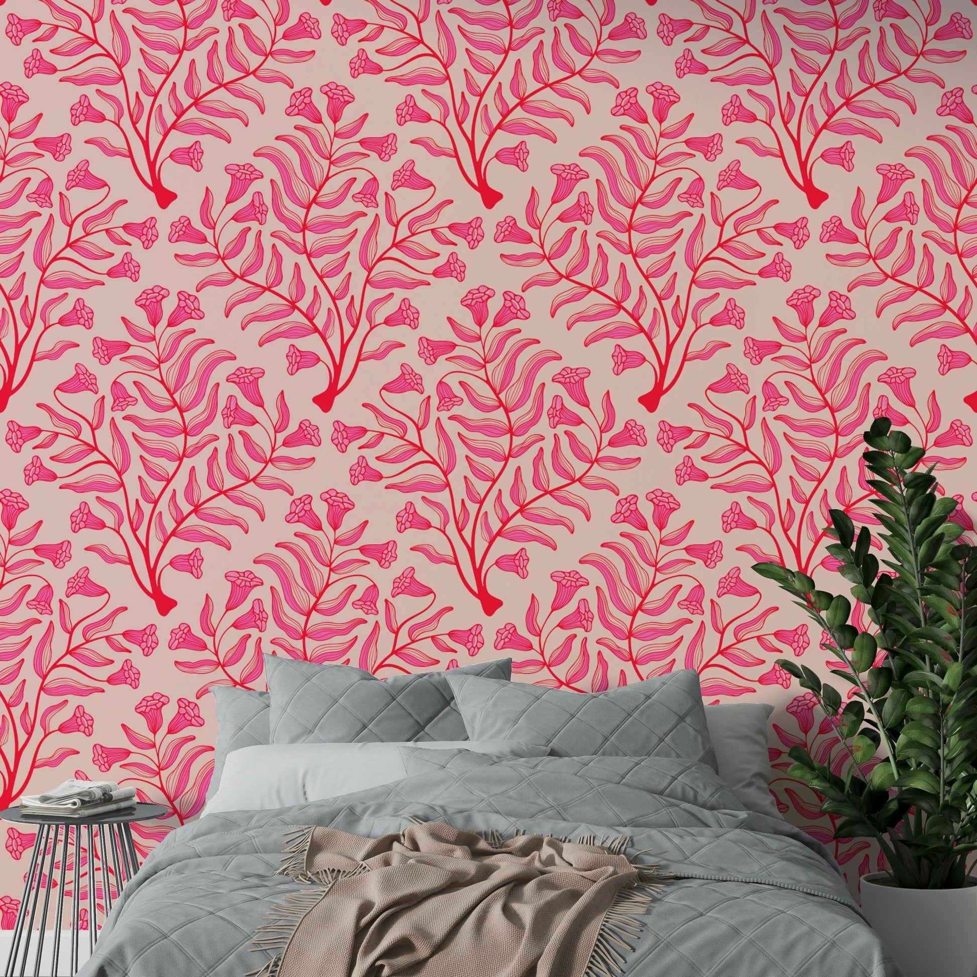 Trumpet flower damask vintage wallpaper in fuchsia, GD1866
