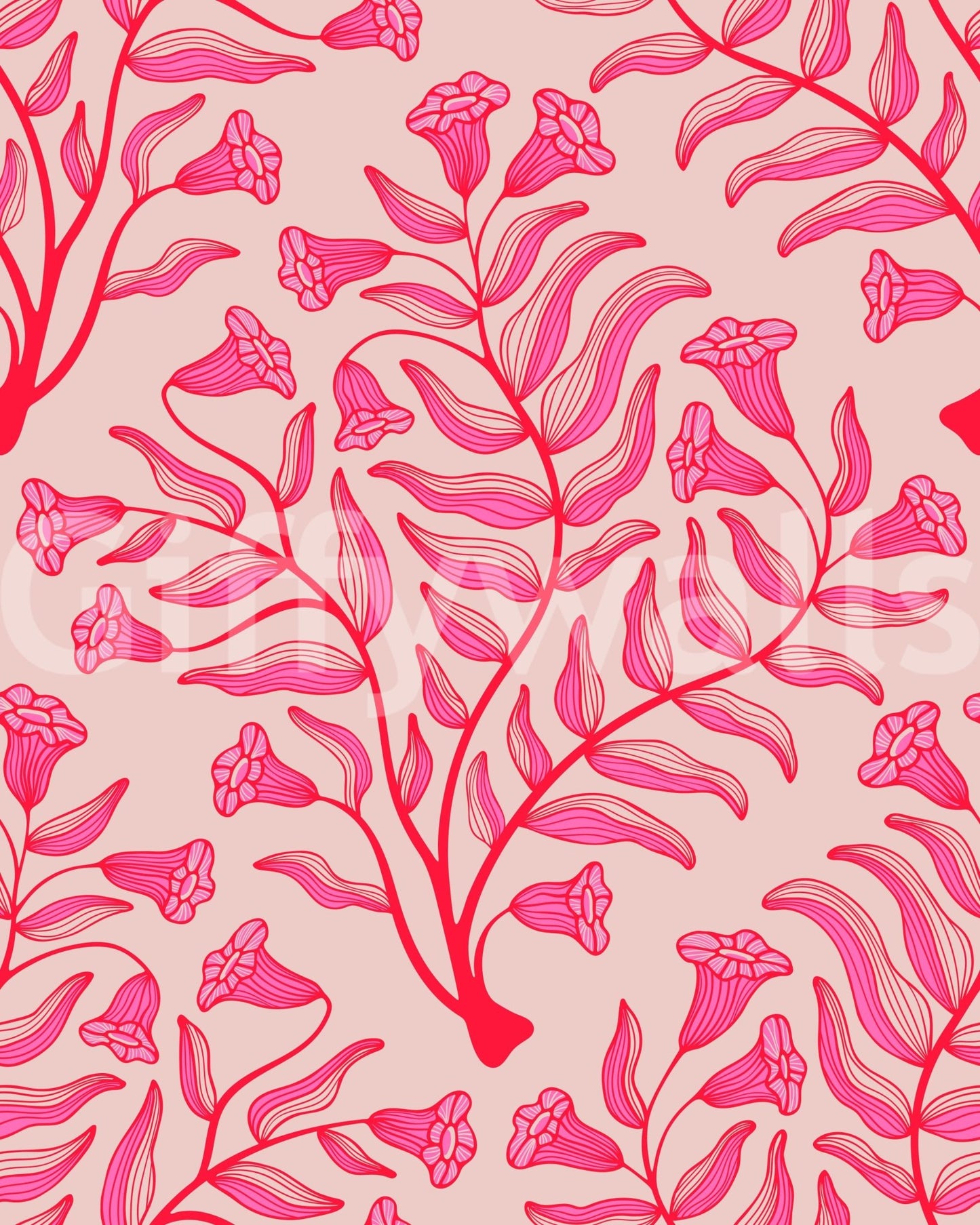 Floral vintage wallpaper with red and pink trumpet flowers, GD1866