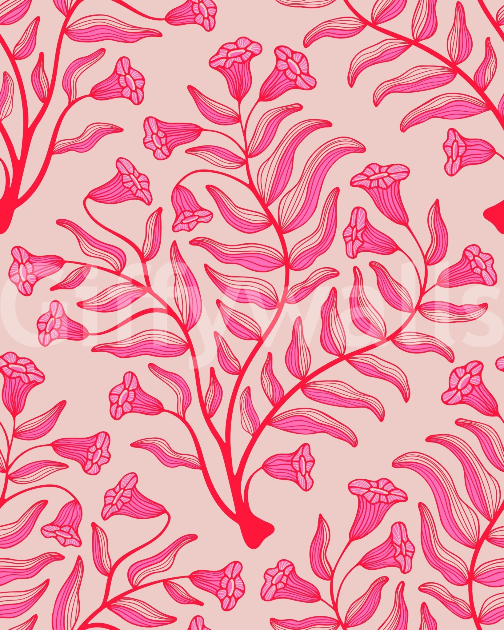 Floral vintage wallpaper with red and pink trumpet flowers, GD1866
