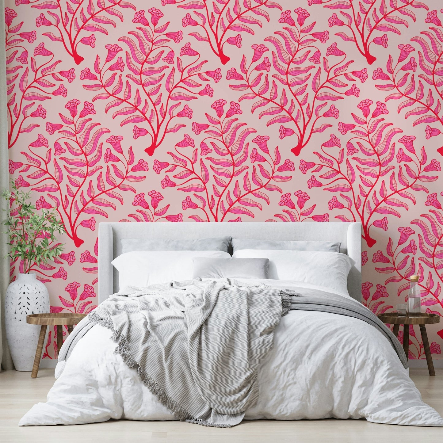 Light pink trumpet flower damask wallpaper pattern, GD1866