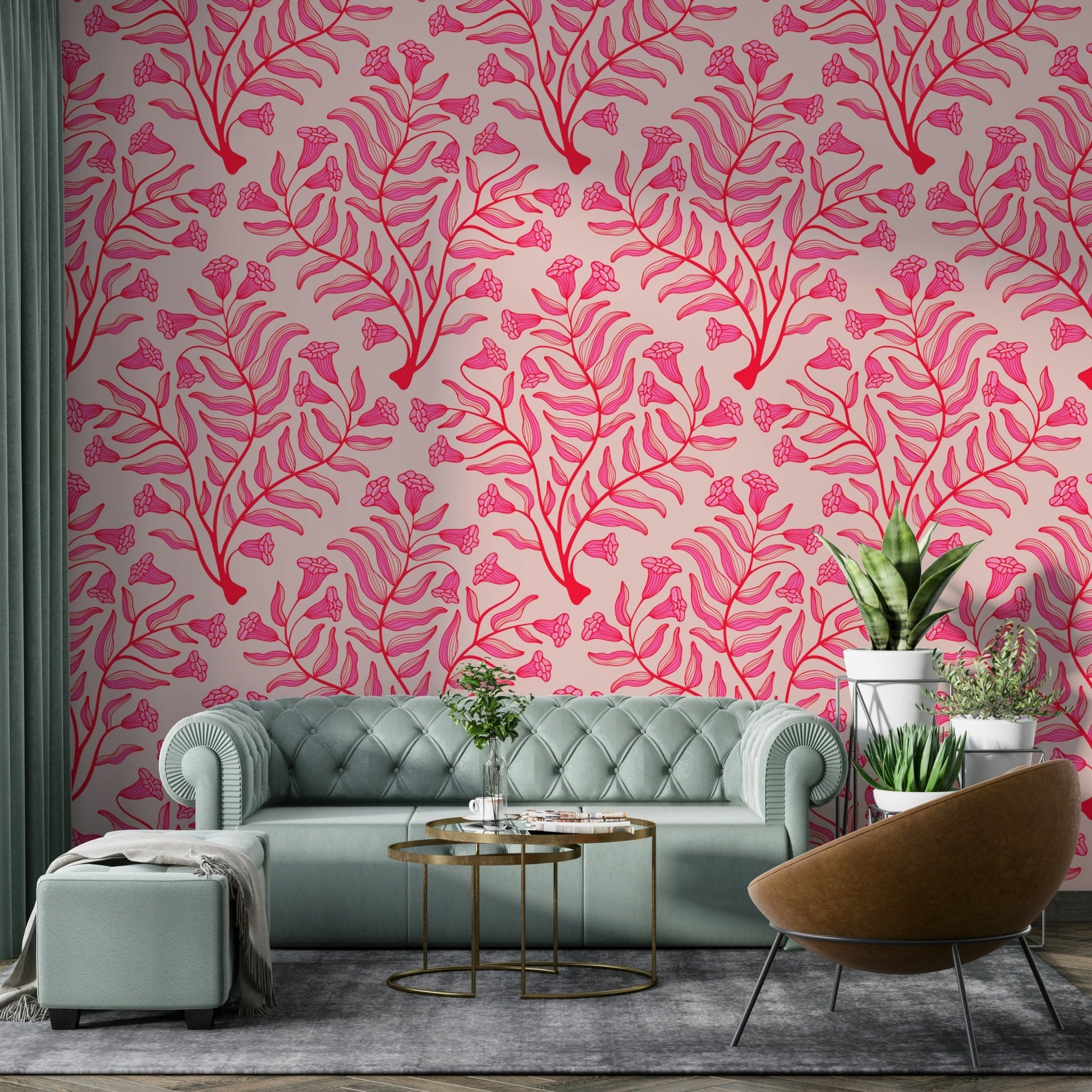Fuchsia red trumpet flower damask wallpaper design, GD1866