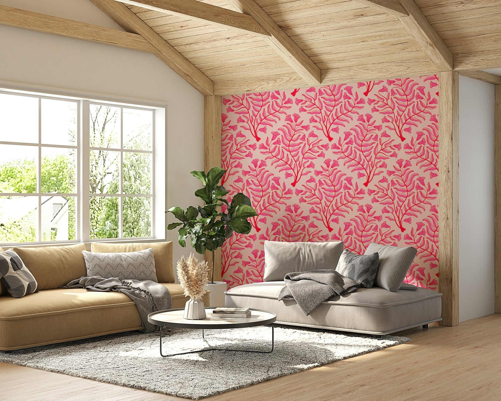 Floral damask wallpaper with trumpet flowers in pink, GD1866