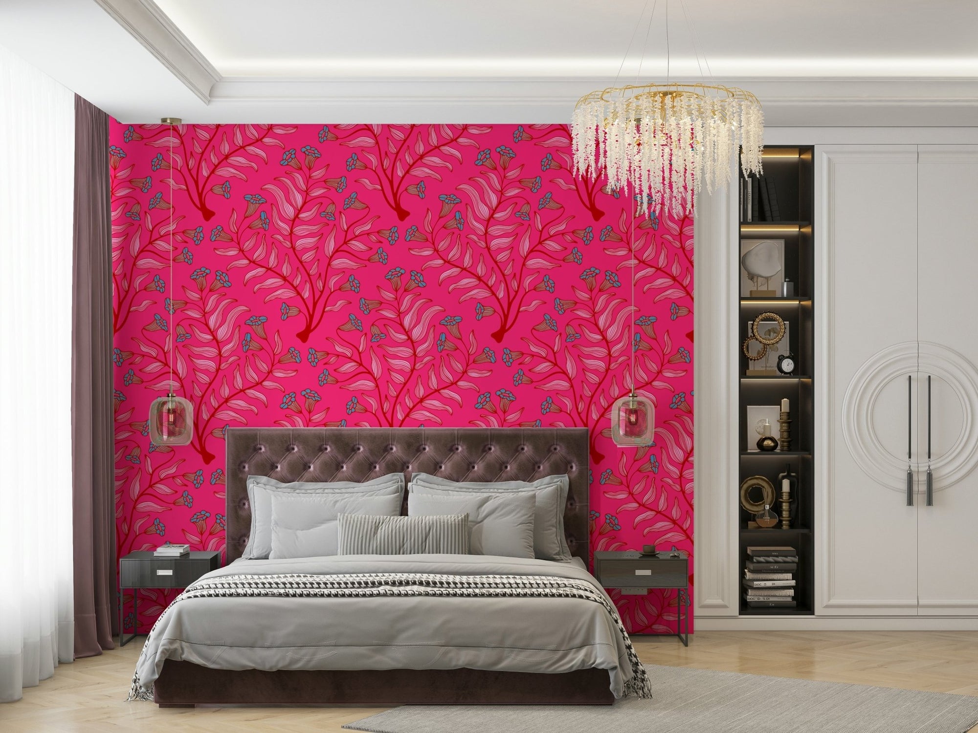 Damask wallpaper with pink cherry red trumpet flowers., GD1864