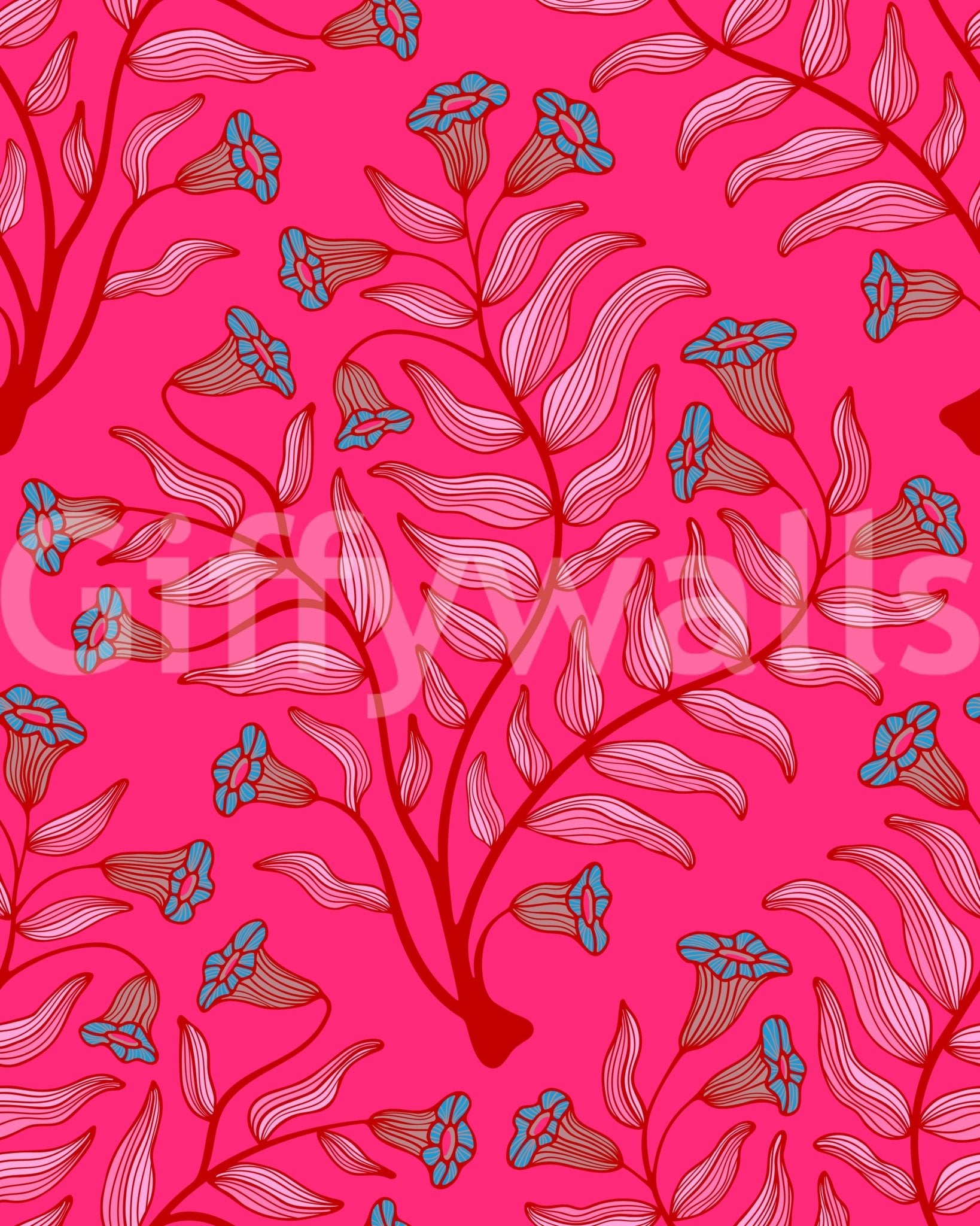 Trumpet Flower Damask Vintage Floral Botanical Jewel Pink Cherry Red Wallpaper⁠