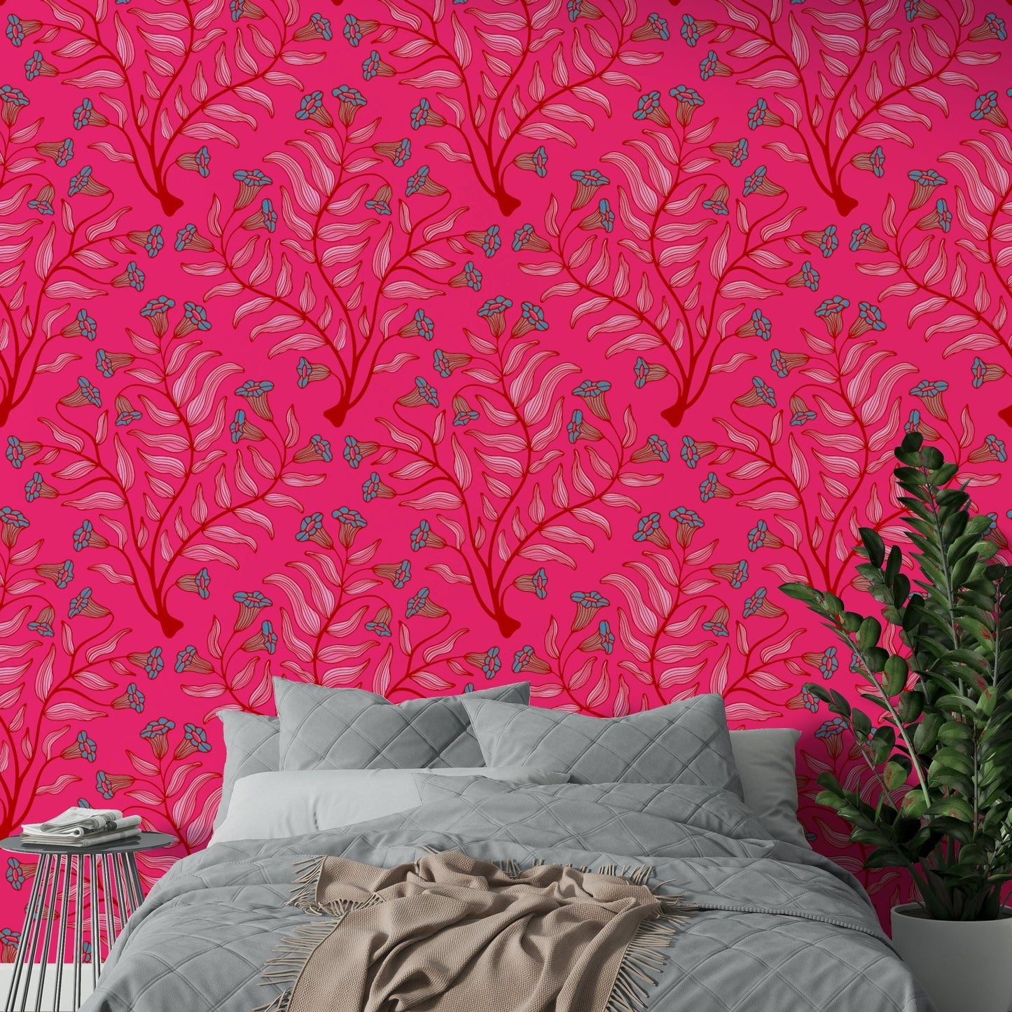 Trumpet flower damask wallpaper in jewel pink.

