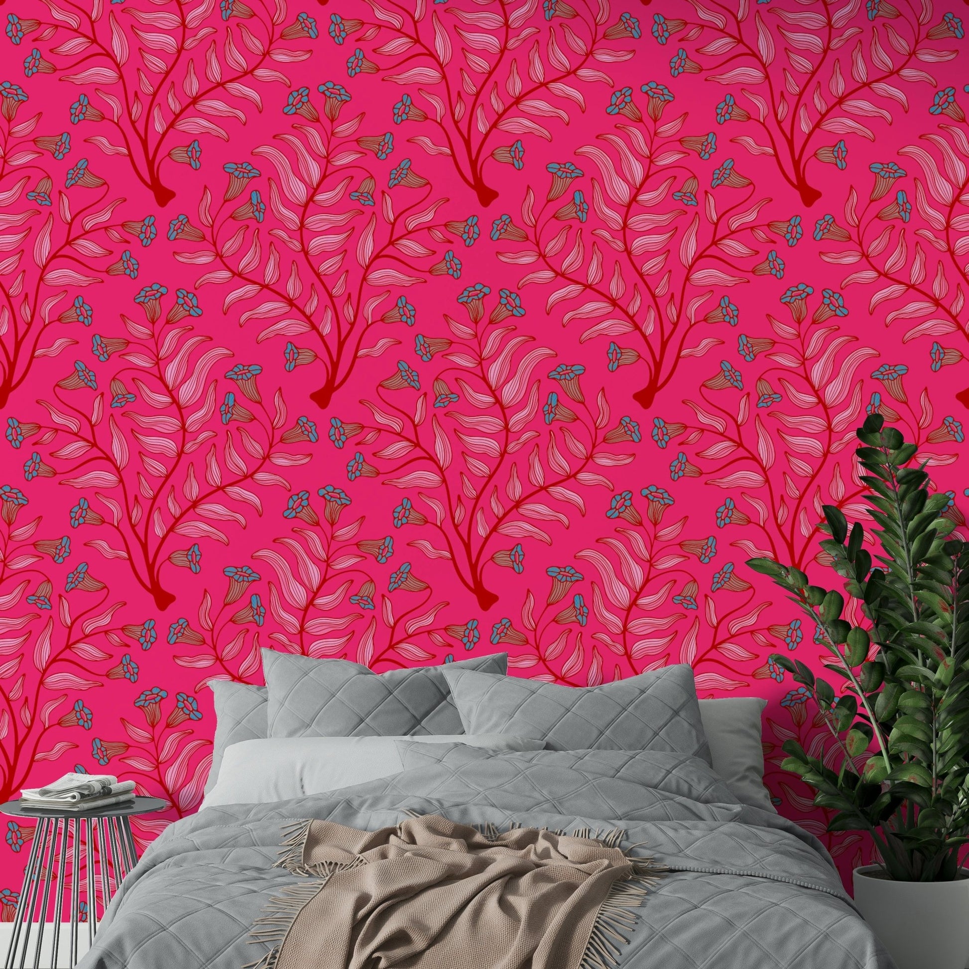 Trumpet flower damask wallpaper in jewel pink.

