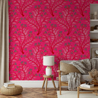Trumpet Flower Damask Vintage Floral Botanical Jewel Pink Cherry Red Wallpaper⁠