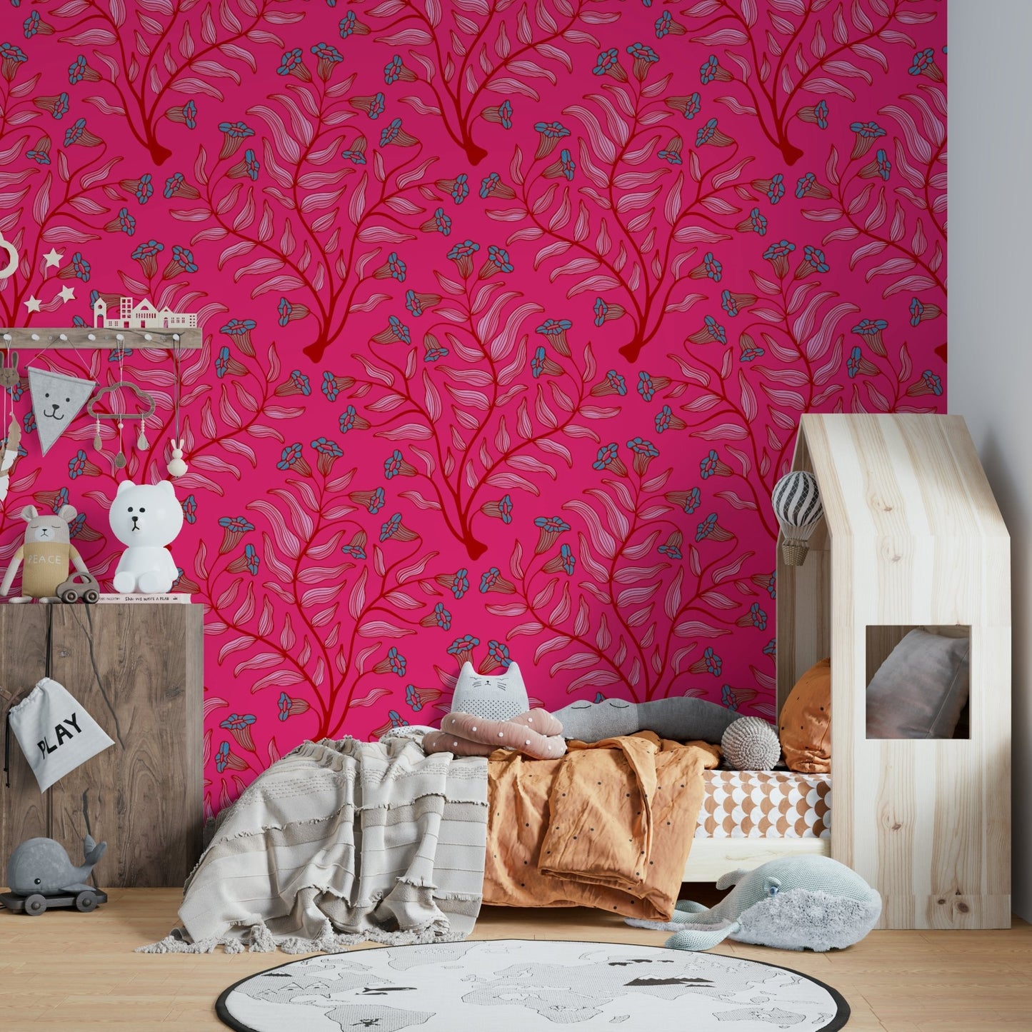 Jewel pink and cherry red vintage floral wallpaper.

