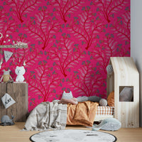 Jewel pink and cherry red vintage floral wallpaper.

