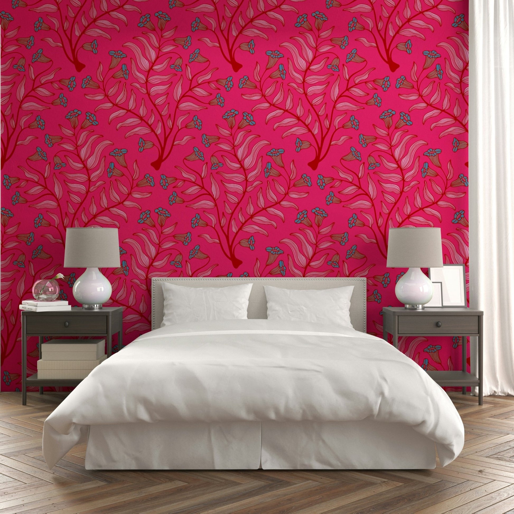 Trumpet Flower Damask Vintage Floral Botanical Jewel Pink Cherry Red Wallpaper⁠