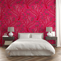 Trumpet Flower Damask Vintage Floral Botanical Jewel Pink Cherry Red Wallpaper⁠