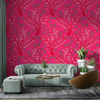 Elegant floral damask wallpaper with pink floral details.

