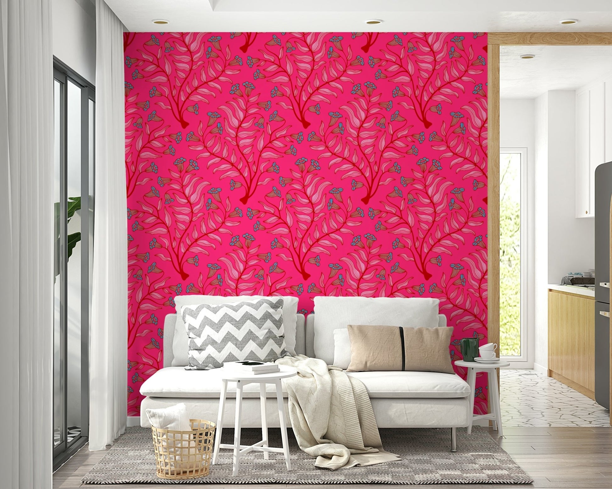 Trumpet Flower Damask Vintage Floral Botanical Jewel Pink Cherry Red Wallpaper⁠