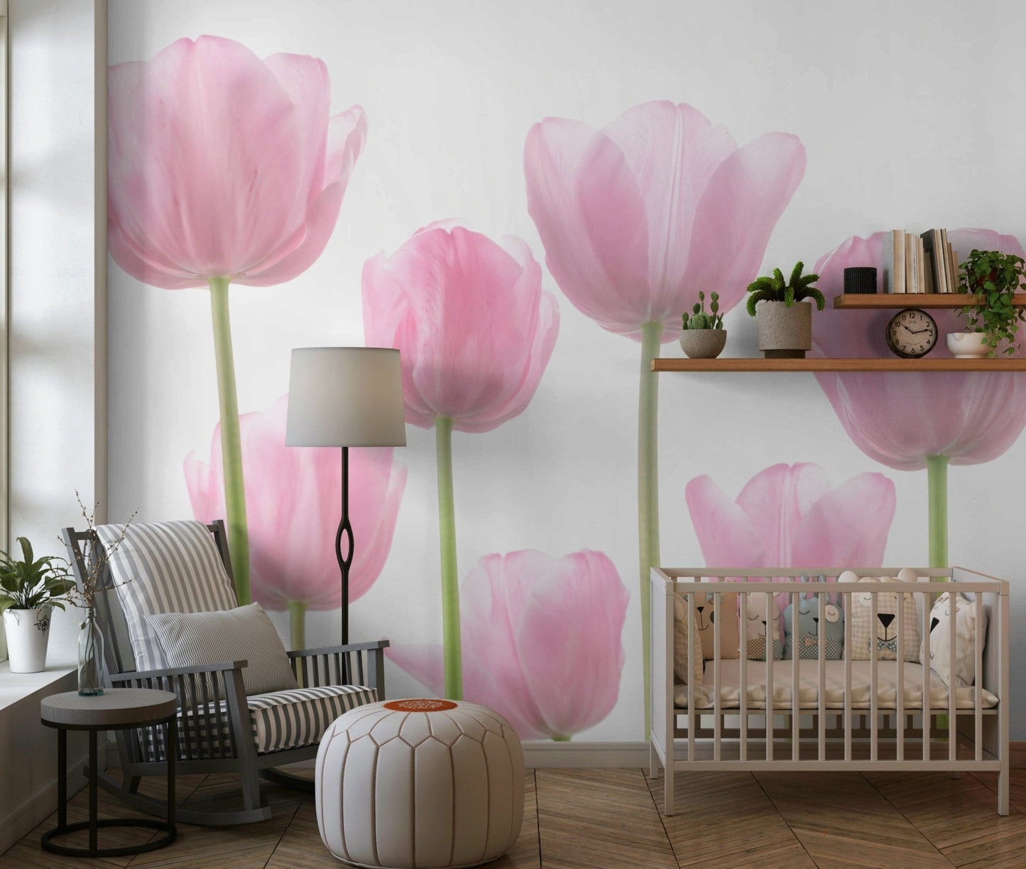 Beautiful pastel pink tulips, close-up floral art, unique Wall Mural.