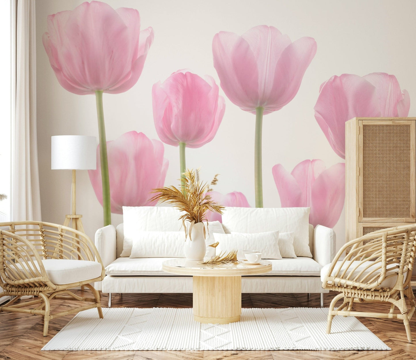 Elegant tulip cluster, white space, dreamy floral wallpaper scene.