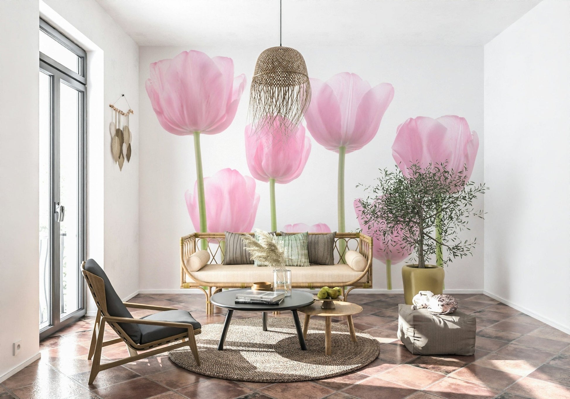 Modern floral art, vertical pink tulips, beautiful Tulip Bulbs decor.