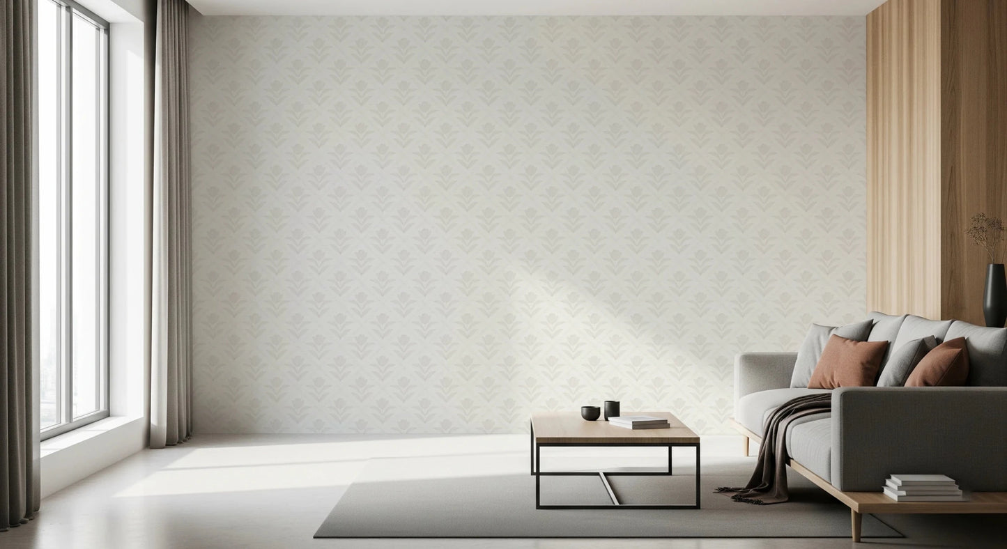 Window-lit room where Tulip Cream Wallpaper blends with light furnishings