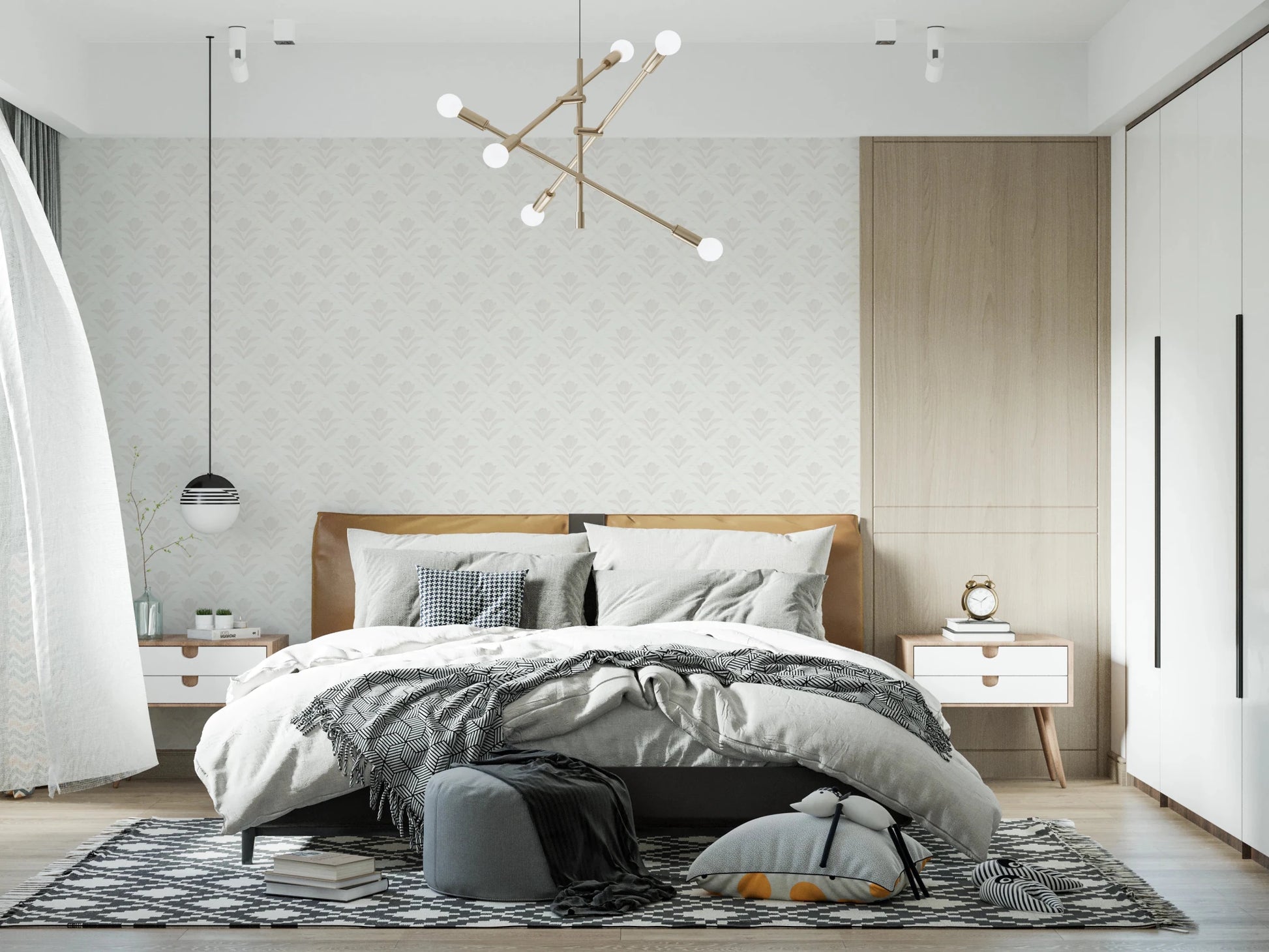 Modern bedroom where Tulip Cream Wallpaper creates a calm feature wall