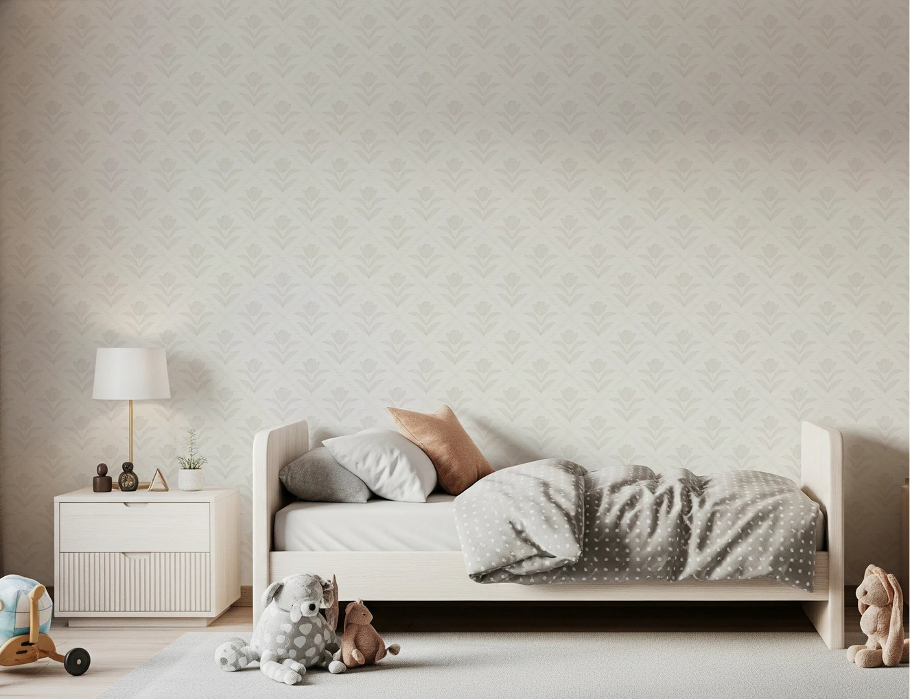 Bedroom scene with Tulip Cream Wallpaper placed behind a soft neutral bed setup
