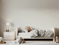 Bedroom scene with Tulip Cream Wallpaper placed behind a soft neutral bed setup