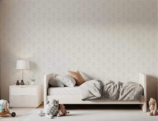 Bedroom scene with Tulip Cream Wallpaper placed behind a soft neutral bed setup