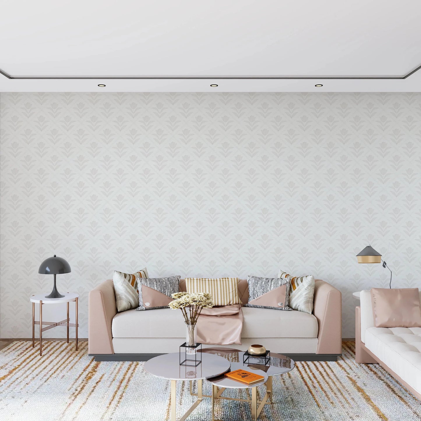 Open living room using Tulip Cream Wallpaper across a wide wall surface