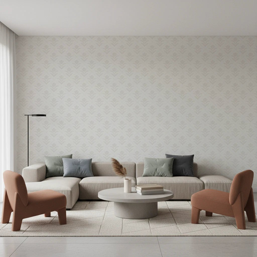 Relaxed seating area featuring Tulip Cream Wallpaper and muted décor tones