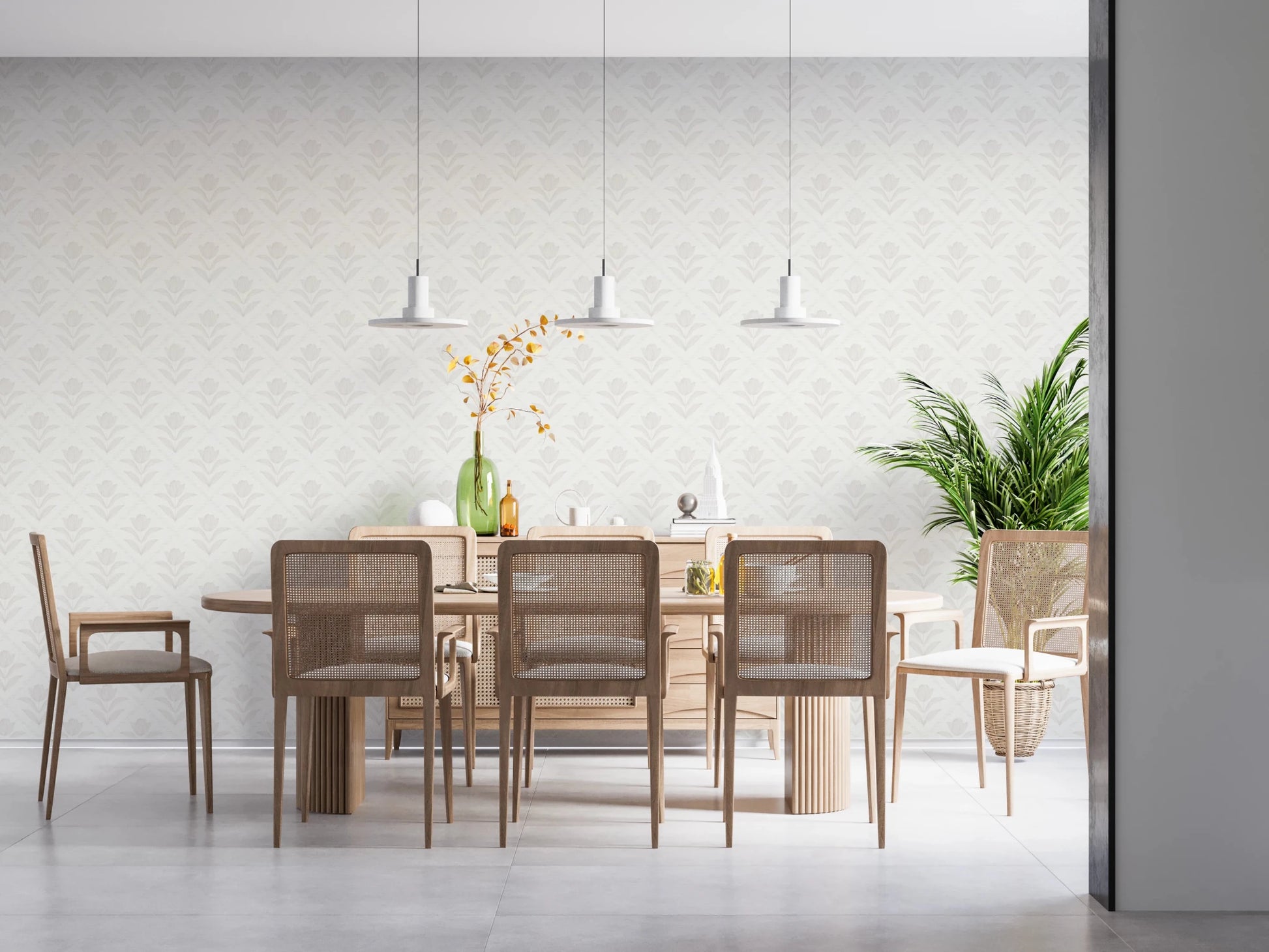 Dining setup placed against Tulip Cream Wallpaper with clean table arrangement