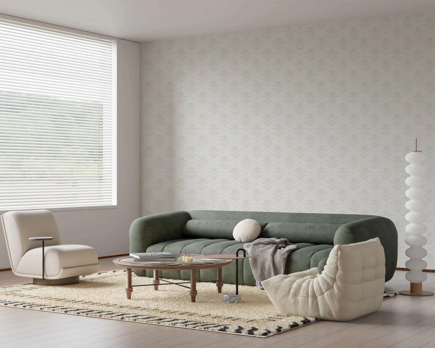 Lounge corner styled with Tulip Cream Wallpaper and low seating arrangement