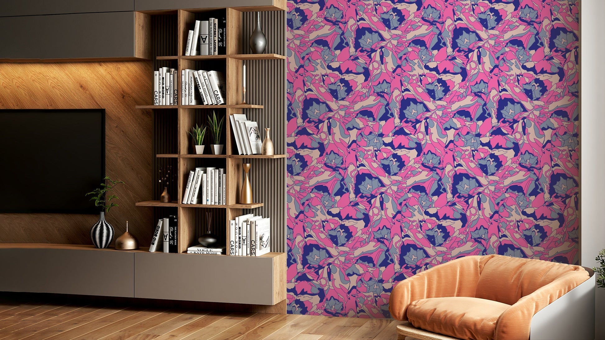 The mural is installed in a retro-style living room behind a simple, light-colored sofa.

