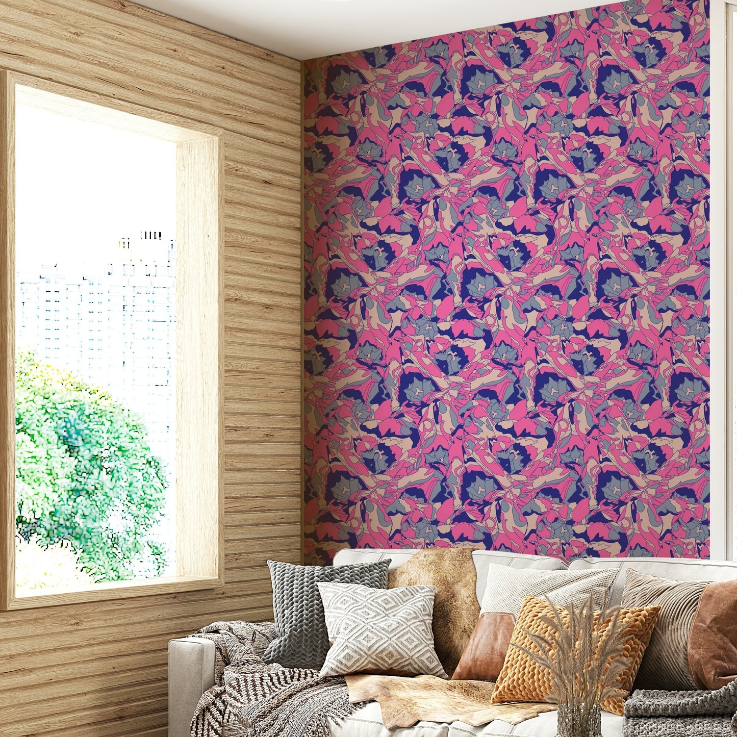 The room's lighting highlights the vibrant feel of the mural.

