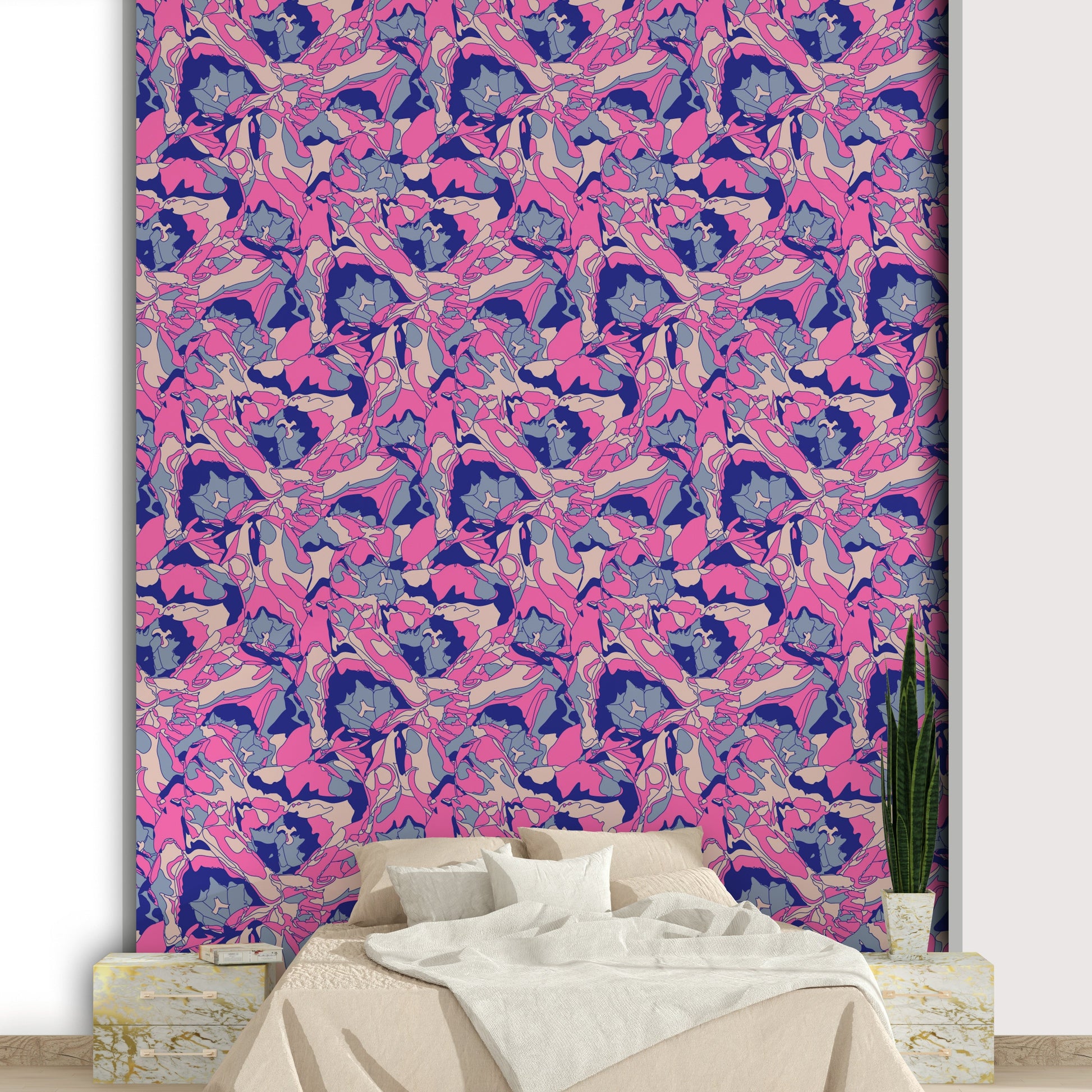 The image shows a full wall with a pattern of stylized tulips and flowers.

