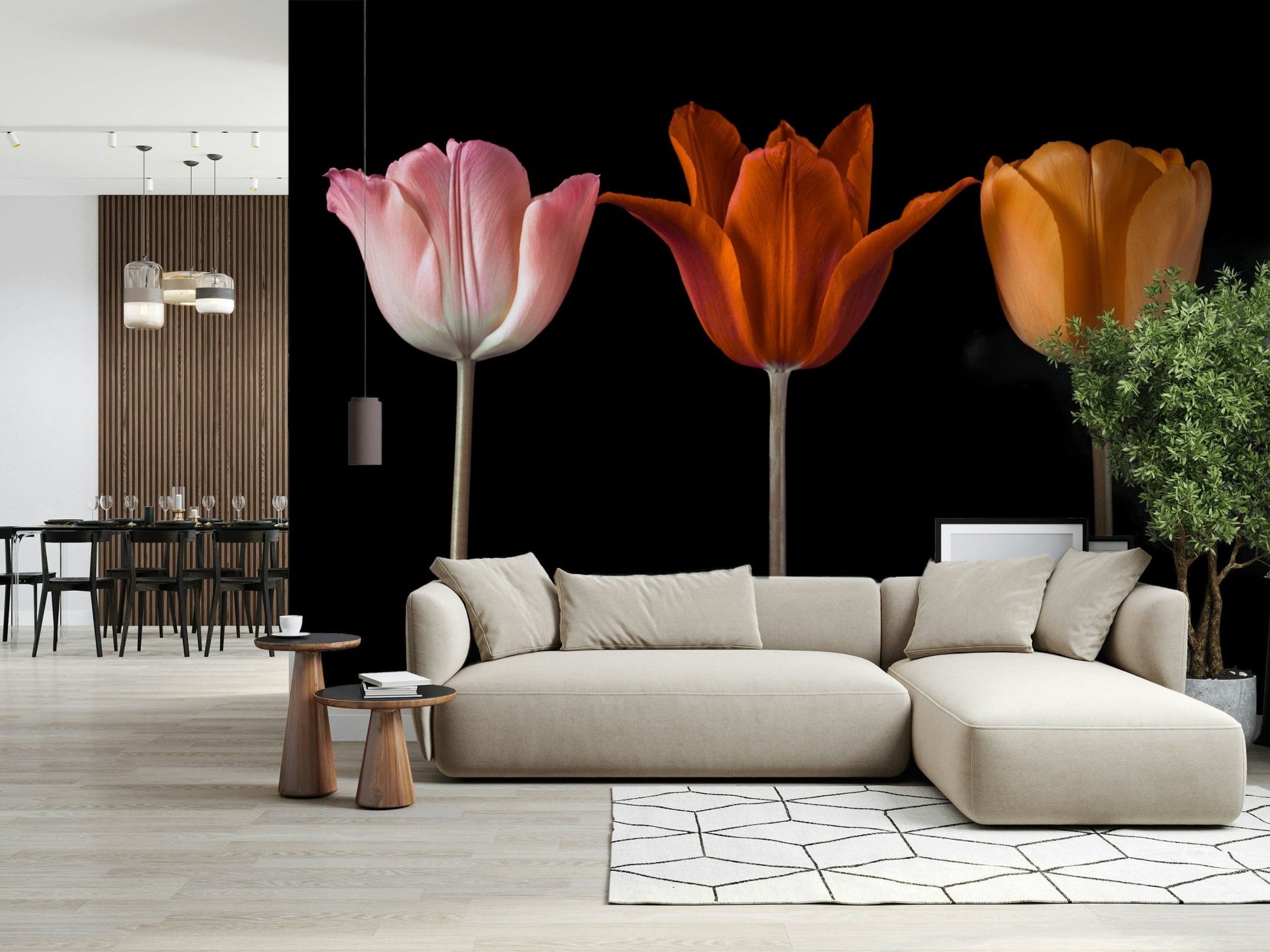 Botanical wall mural with detailed spring blooms and green stems., GD7712