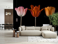 Botanical wall mural with detailed spring blooms and green stems., GD7712