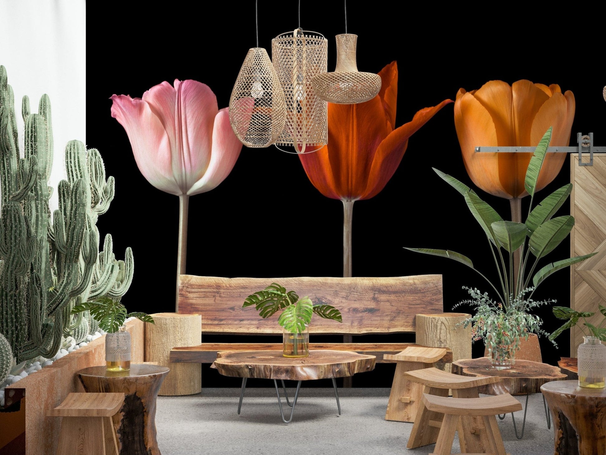 Tulip Trio Wall Mural featuring three soft pink flowers wallpaper., GD7712