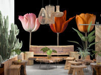 Tulip Trio Wall Mural featuring three soft pink flowers wallpaper., GD7712