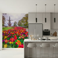Charming bedroom wall showcasing the Tulip Windmill Garden Wall Mural.