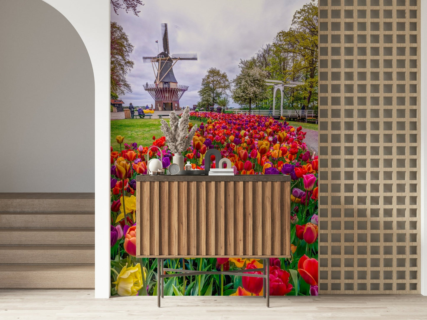 Field of red tulips element on Tulip Windmill Garden Wall Mural.