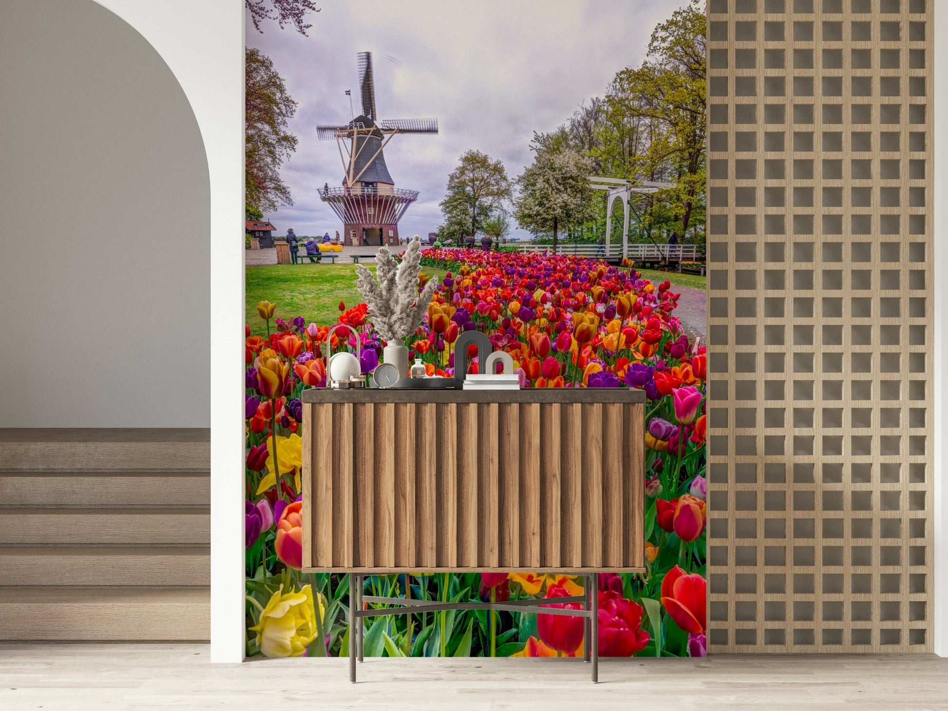 Field of red tulips element on Tulip Windmill Garden Wall Mural.