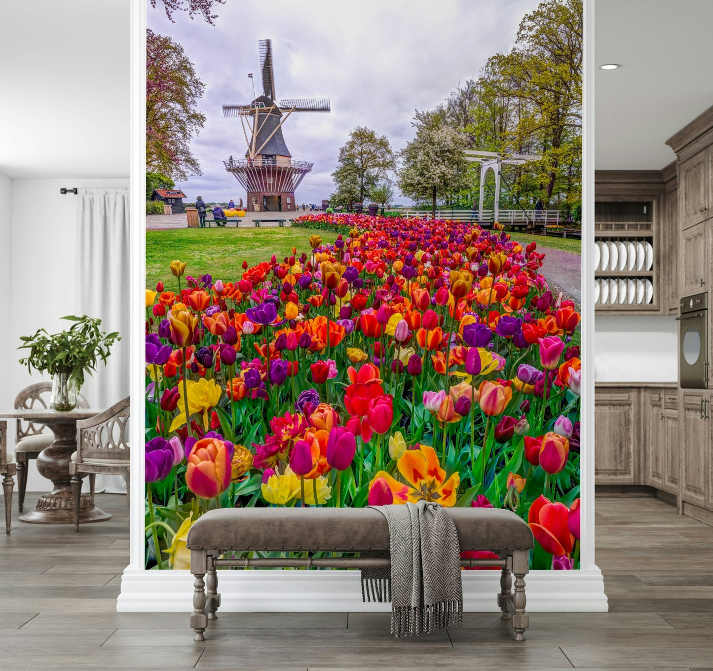 Clear blue sky background on Tulip Windmill Garden Wall Mural scene.