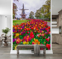 Clear blue sky background on Tulip Windmill Garden Wall Mural scene.