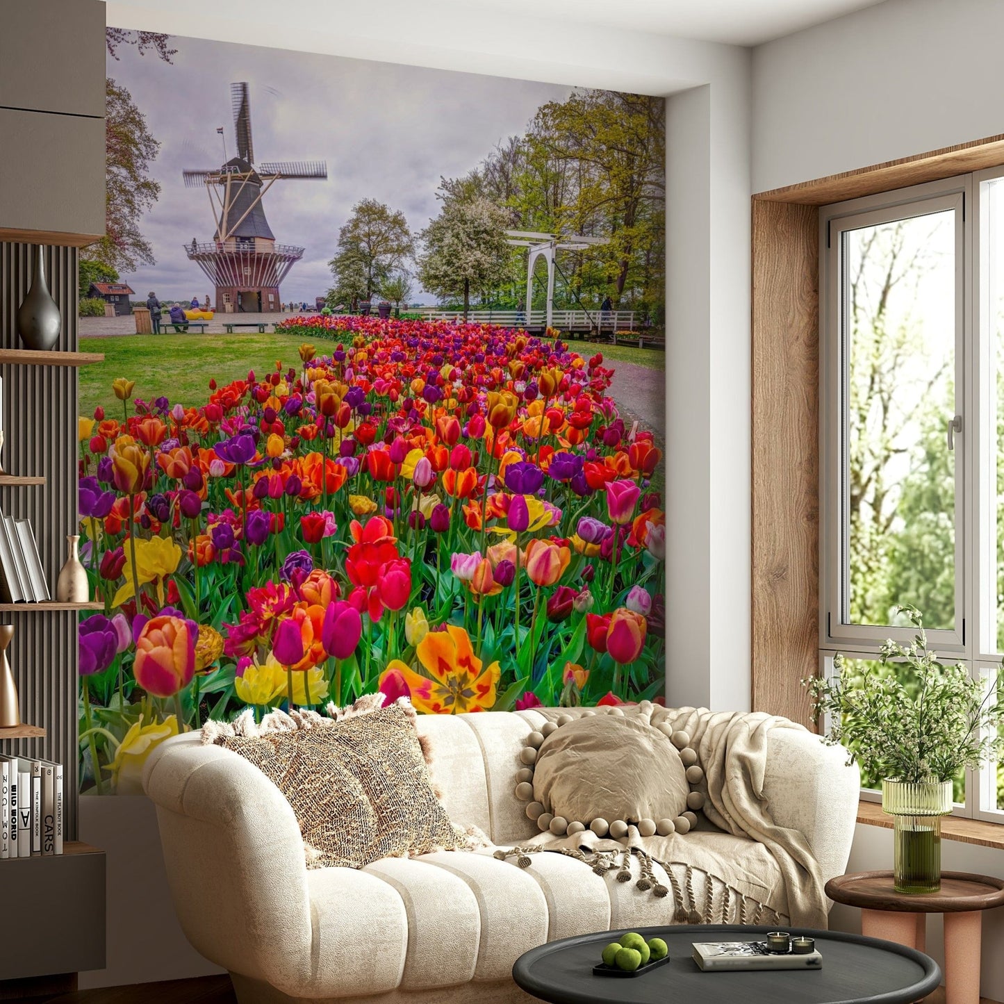 Rotating windmill blades aspect on Tulip Windmill Garden Wall Mural.