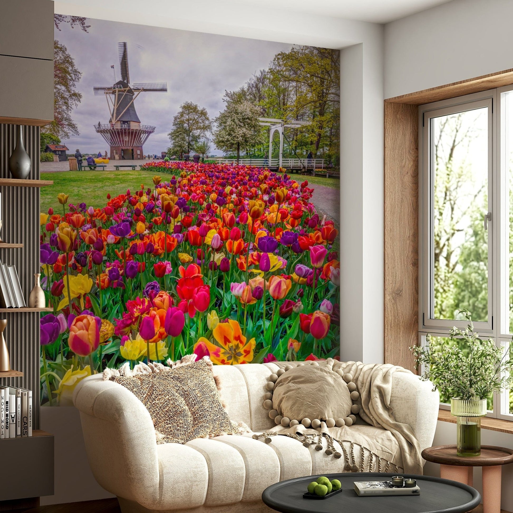 Rotating windmill blades aspect on Tulip Windmill Garden Wall Mural.